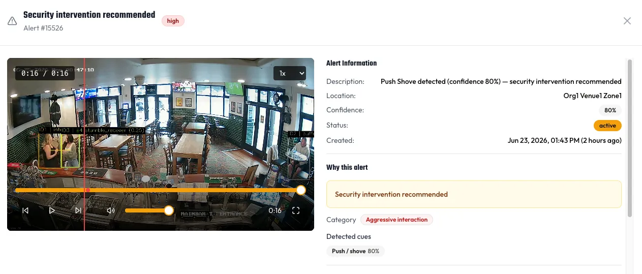 An OffTapWatch alert opened for review, showing the clip and the cues behind it